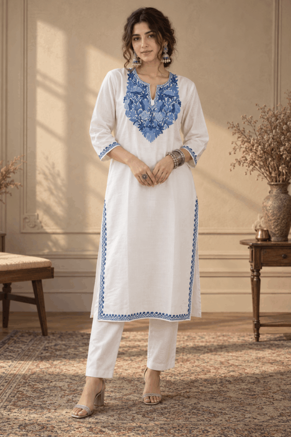 White Kashmiri Aari Embroidered Kurta