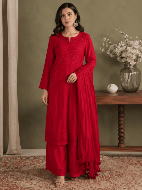 Red Mukaish Chikankari Suit Set With Dupatta