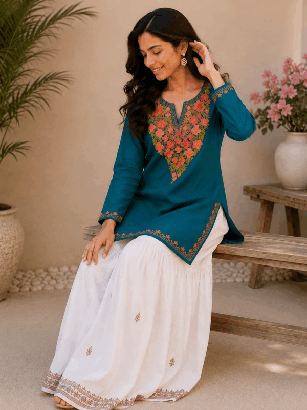 Teal Green Kashmiri Aari Embroidered Short Cotton Kurti