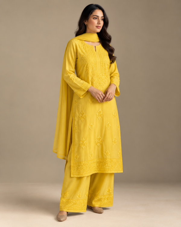 Yellow Rayon Chikankari Kurta Set with Dupatta