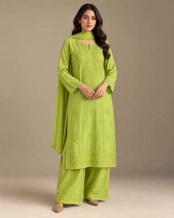 Pista Green Rayon Chikankari Kurta Set with Dupatta