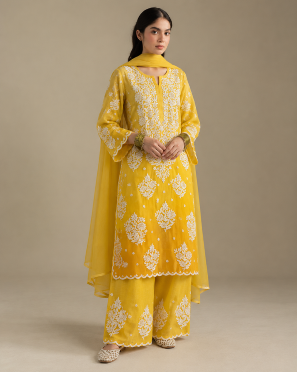 Yellow Ombre Crepe Chikankari Suit Set