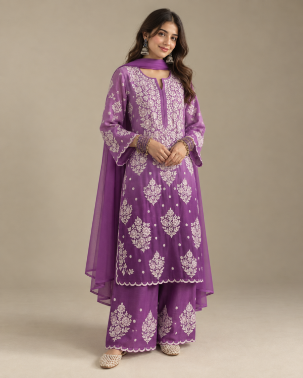 Purple Ombre Crepe Chikankari Suit Set