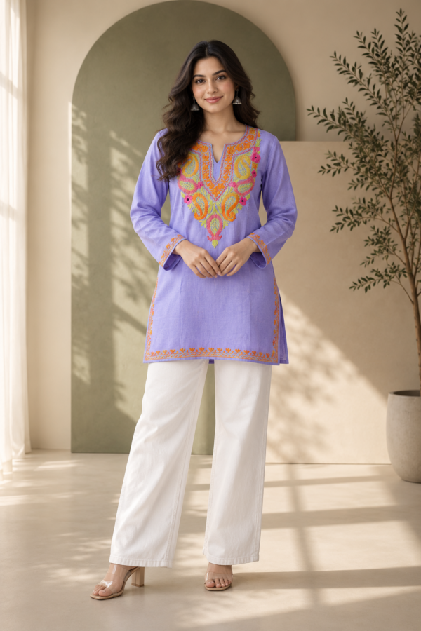 Lavender Kashmiri Aari Embroidered Short Cotton Kurti