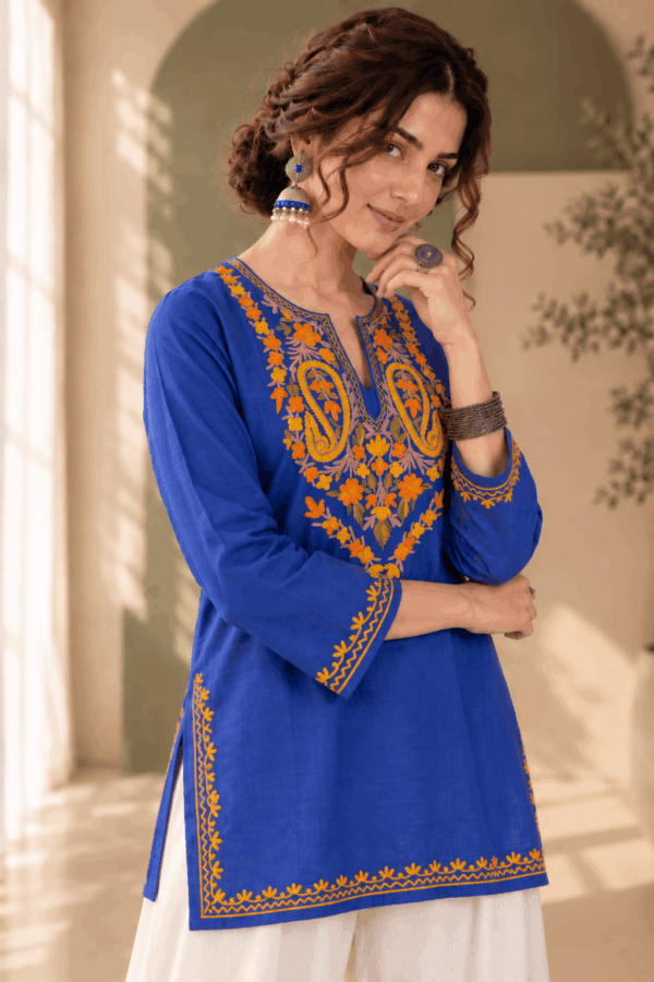 Blue Kashmiri Aari Embroidered Short Cotton Kurti