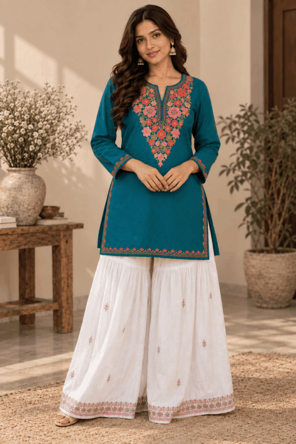 Teal Green Kashmiri Aari Embroidered Short Cotton Kurti
