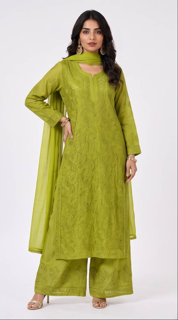 Green Viscose Georgette Silk Thread Chikankari Suit Set