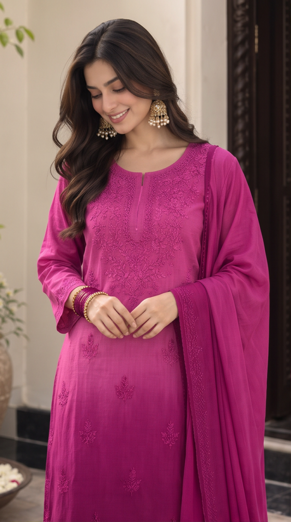 Wine Ombre Chikankari Suit Set With Dupatta