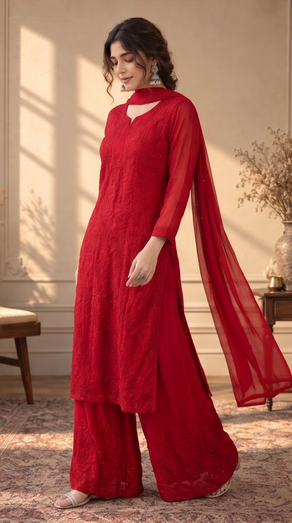 Red Viscose Georgette Silk Thread Chikankari Suit Set