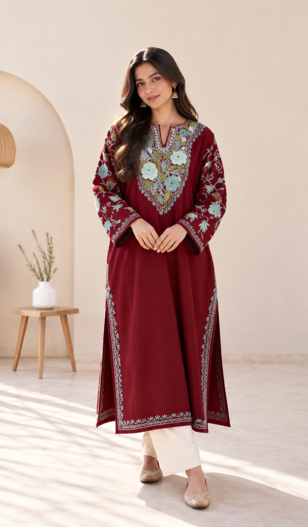 Maroon Kashmiri Pheran with Sleeve Embroidery