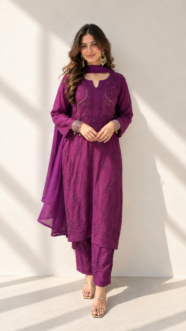 Purple Mukaish Chikankari Suit Set With Dupatta